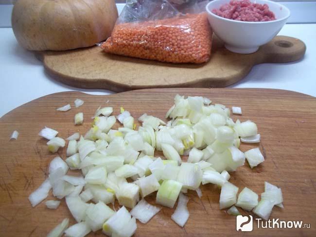 Лук нарезан кусочками