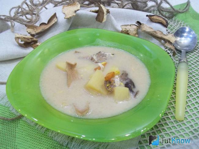 Готовый суп с сушеными белыми грибами и сливочным сыром