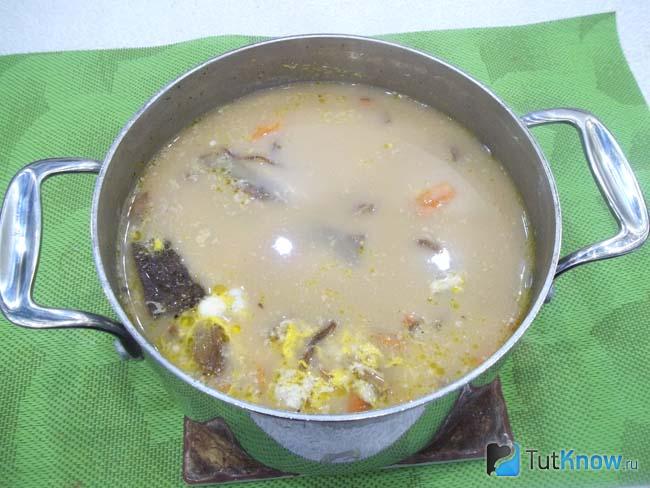 Готовый грибной суп с яйцом и сыром