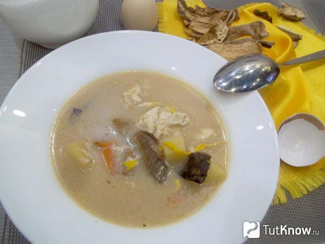 Готовый грибной суп с яйцом и сыром