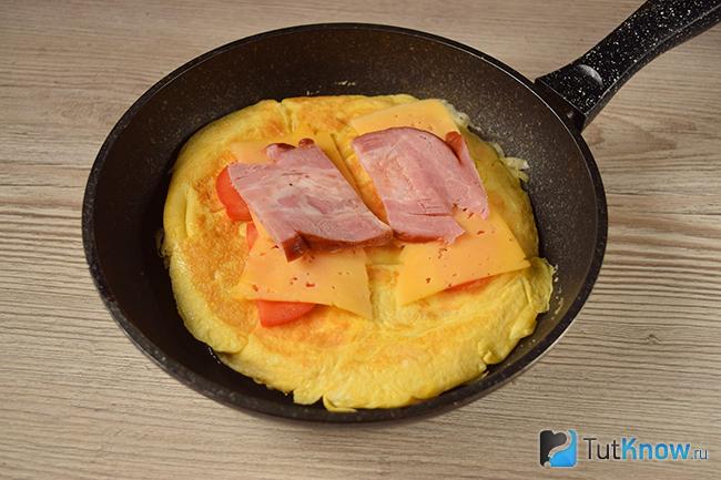 Яичница с ветчиной, сыром и помидорами на сковороде