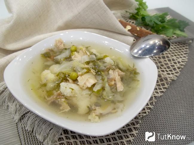 Готовый куриный суп с молодым зеленым горошком и капустой