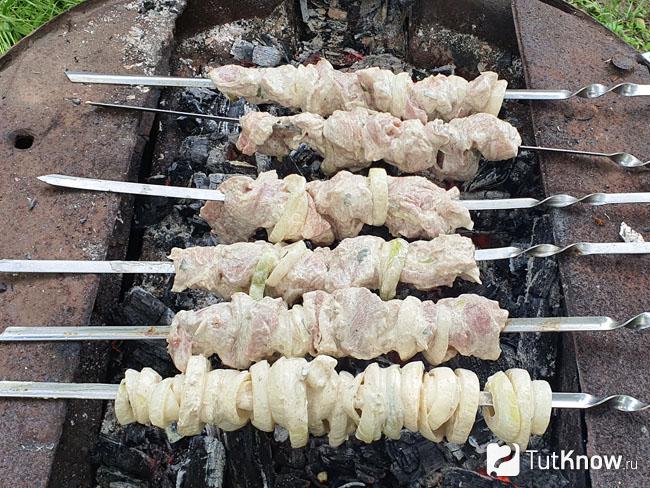 Шашлыки жарятся на мангале