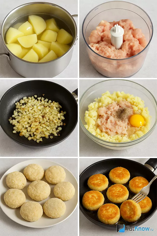 Шаги приготовления картофельных котлет с курицей