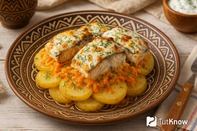 Картофель с рыбой и овощами в духовке