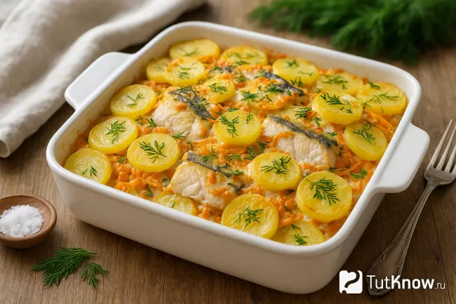 Рецепт картофеля с рыбой и овощами в духовке
