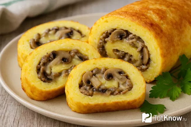 Картофельный рулетик с грибами и сыром