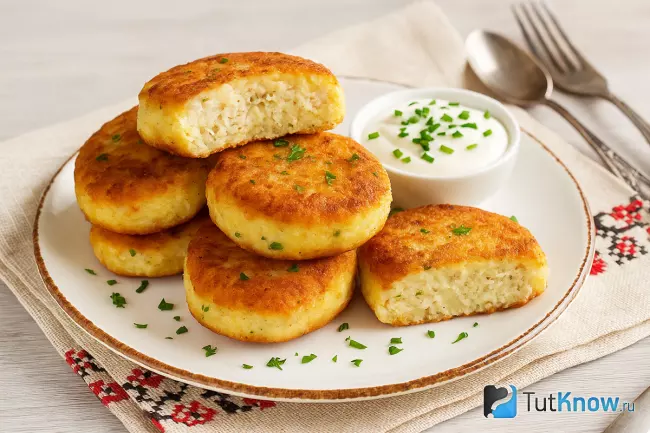 Картофельные котлеты с рыбой и сметанным соусом
