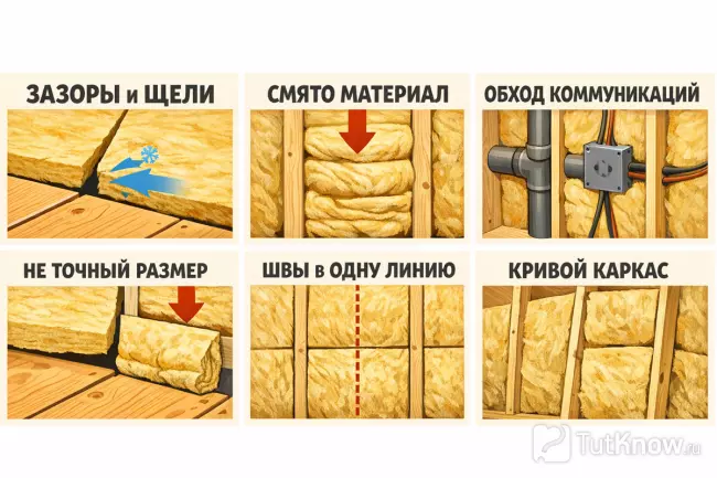 Ошибки укладки утеплителя и щели в каркасе