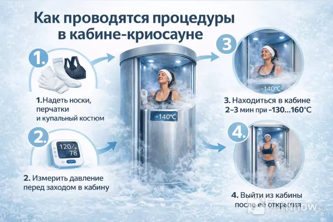 Этапы процедуры в кабине криосауны
