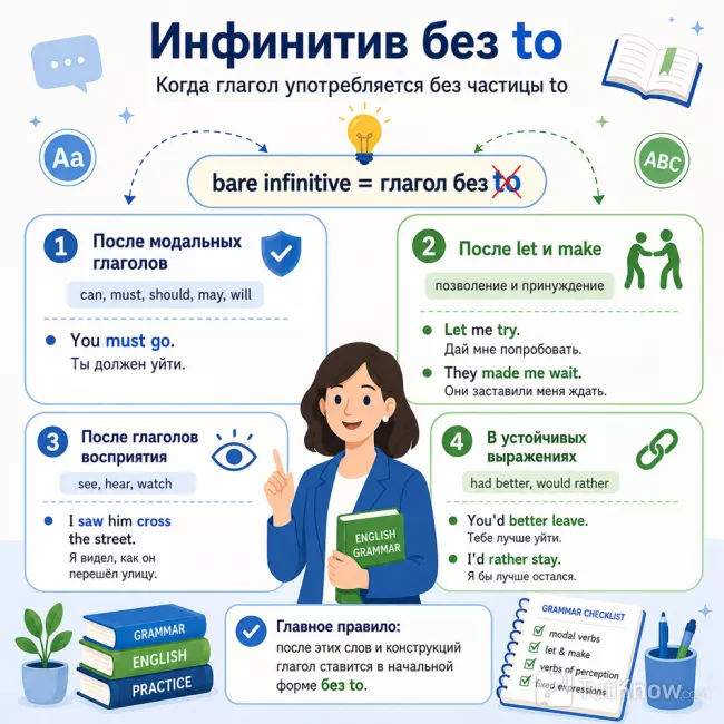 Инфинитив без to: случаи употребления