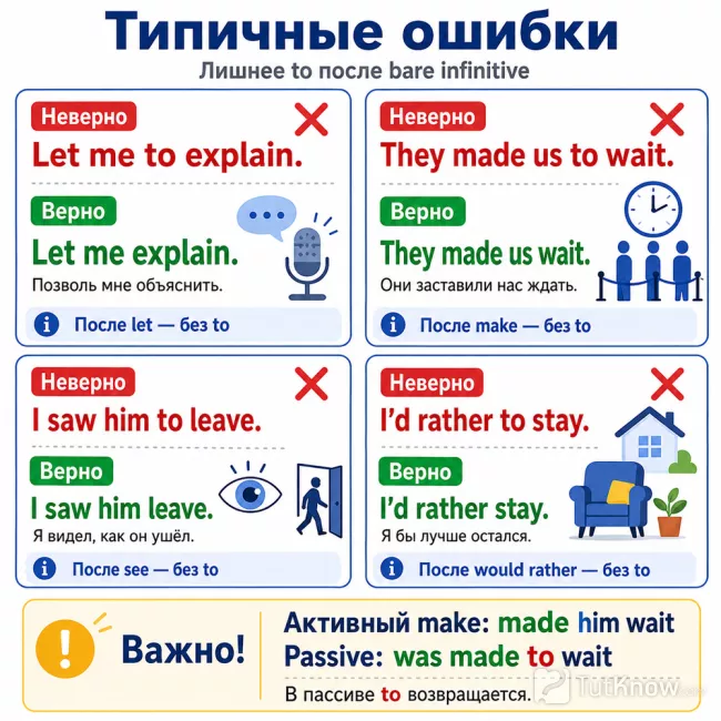 Типичные ошибки с инфинитивом без to