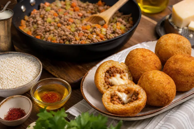 Сицилийские аранчини с мясным рагу и моцареллой
