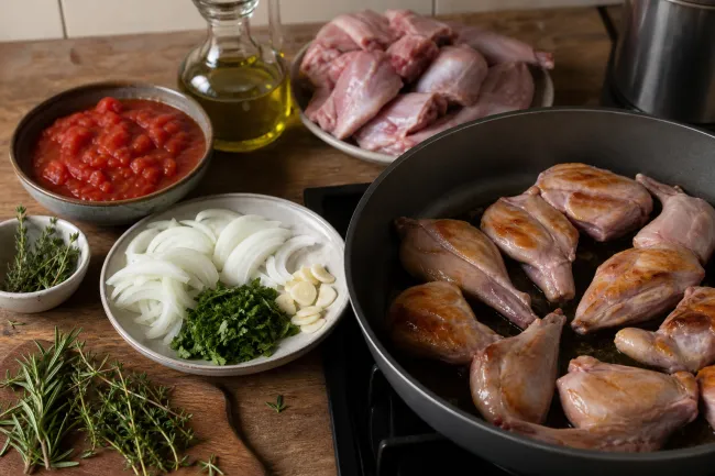 Рецепт кролика по-искитански с помидорами и травами