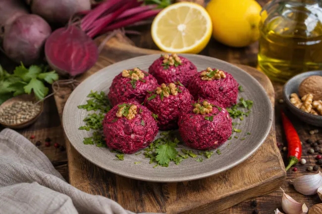 Пхали из свёклы, грецкие орехи, кислота, специи