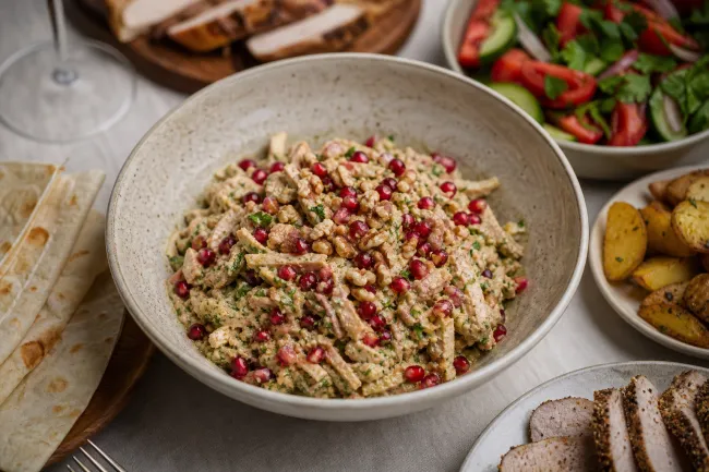 Грузинский салат с курицей, гранатом, ореховой заправкой