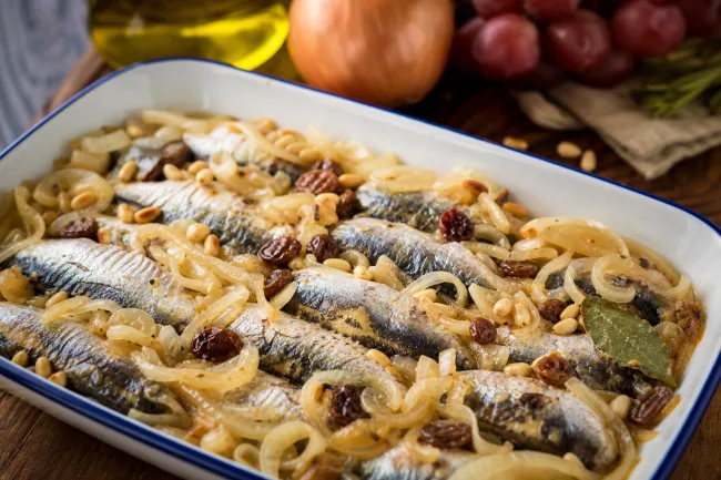 Сардины ин саор по-венециански с луком и изюмом