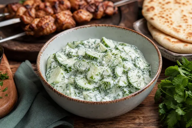 Огуречный салат с мацони, чесноком и зеленью