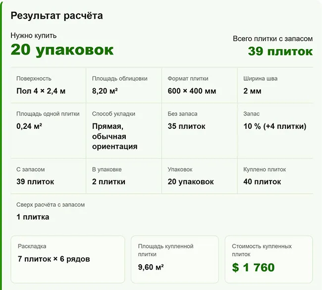 Результат расчёта плитки для пола с запасом