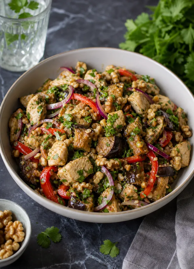 Рецепт салата Ацецили с курицей, баклажанами, орехами