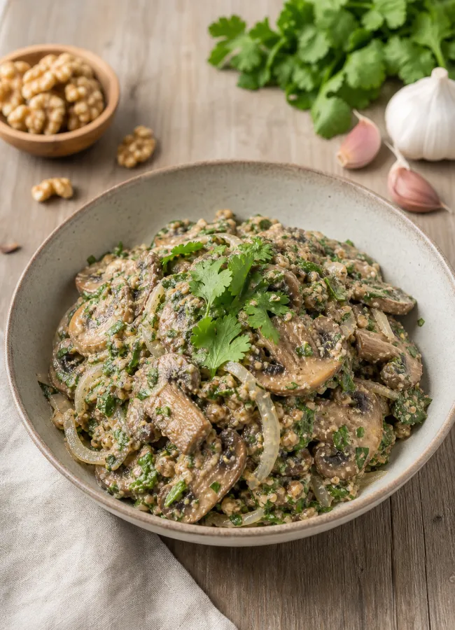 Грузинский грибной салат с кинзой и орехами