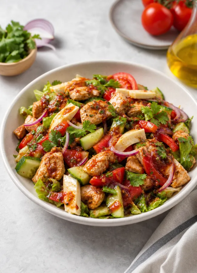 Грузинский салат с курицей, сулугуни и сацебели