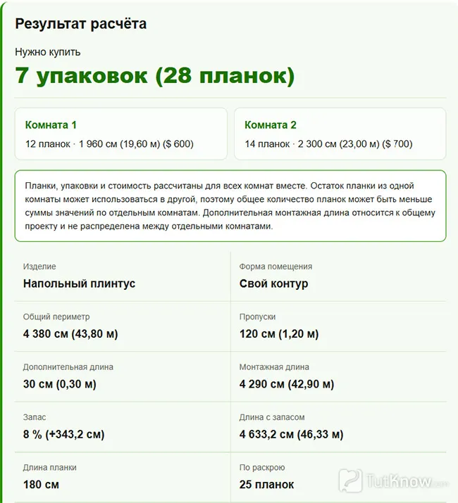 Результаты расчёта плинтусов для двух комнат