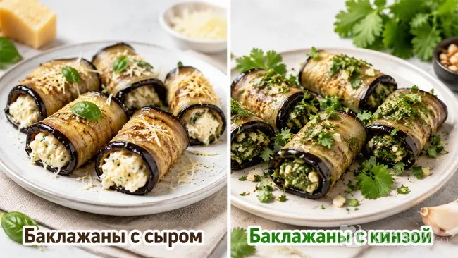 Баклажанные рулетики с начинкой из сыра и кинзы