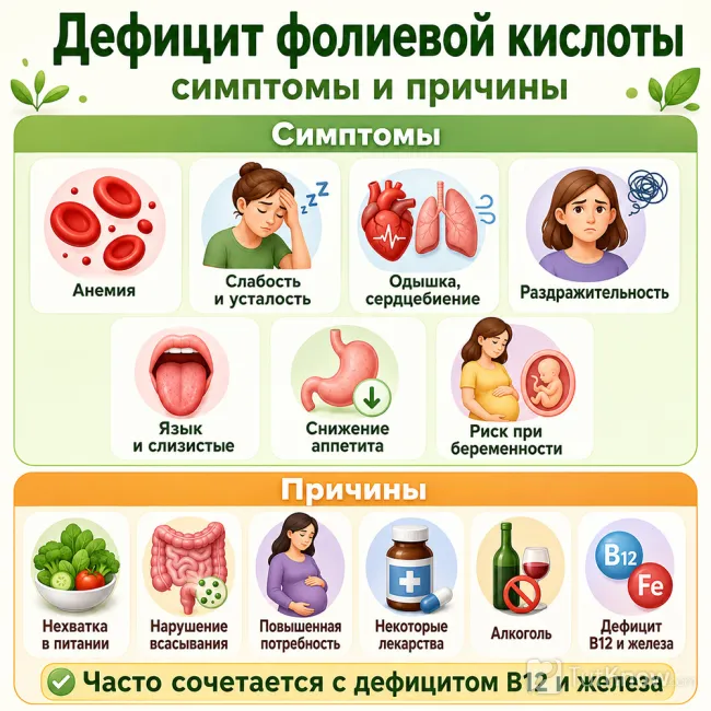 Симптомы и причины дефицита фолиевой кислоты