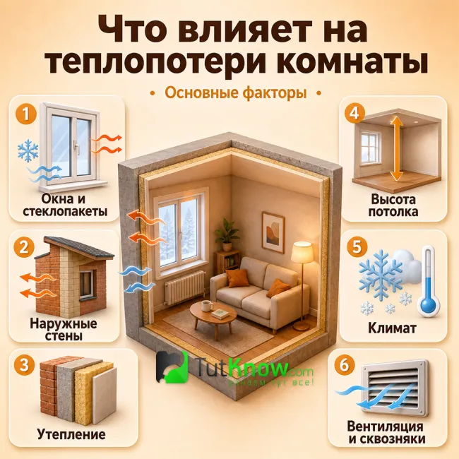 Факторы теплопотерь комнаты: окна, стены, климат