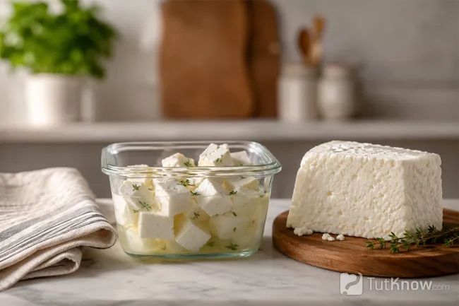 Фета и брынза в рассоле на кухне