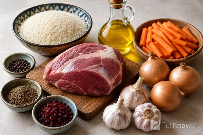 Ингредиенты для плова: рис, мясо и овощи
