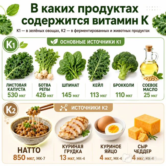 Источники витамина K1 и K2