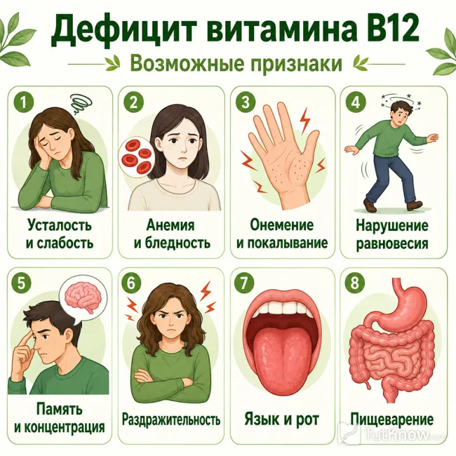 Возможные признаки дефицита витамина B12