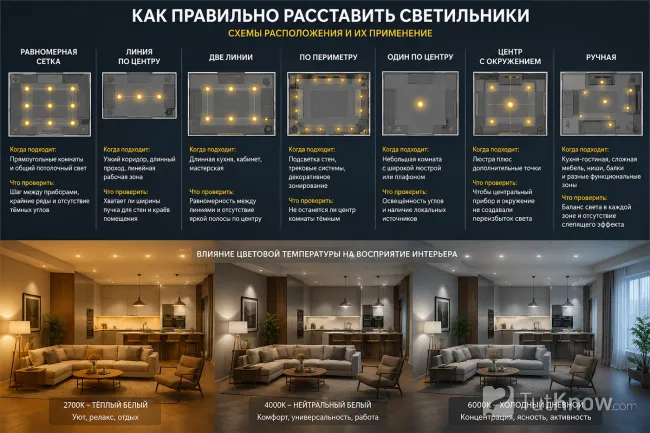 Схемы расстановки светильников в комнате