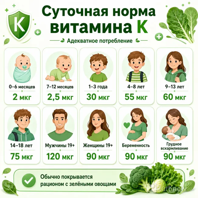 Суточная норма витамина К по возрасту