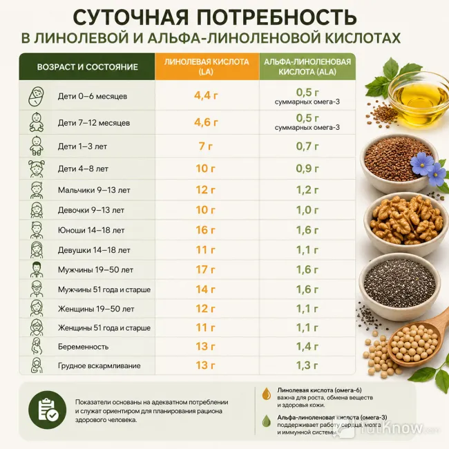 Суточная потребность в линолевой и альфа-линоленовой кислотах