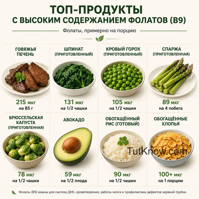 Продукты с высоким содержанием фолатов - витамина B9