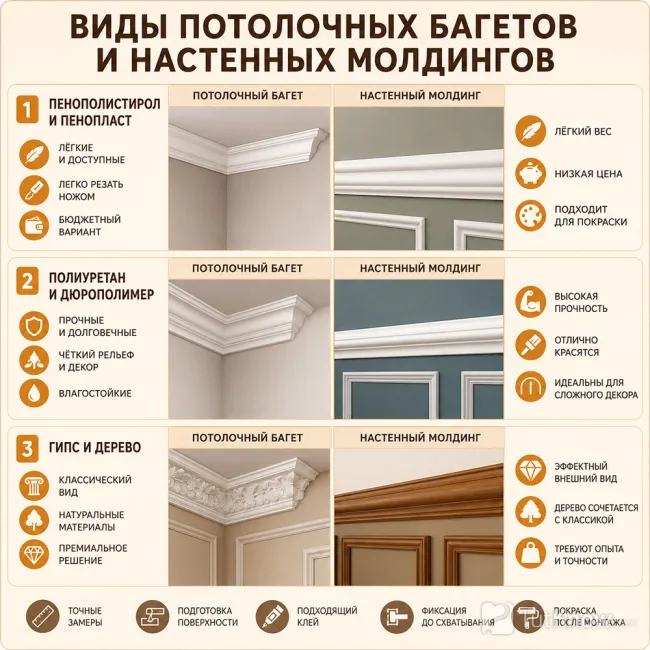 Виды потолочных багетов и настенных молдингов