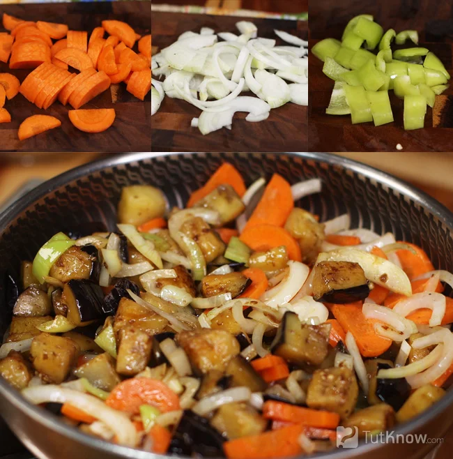Нарезанные овощи для курицы с баклажанами