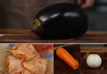 Ингредиенты для ужина - баклажан, курица, морковь и лук